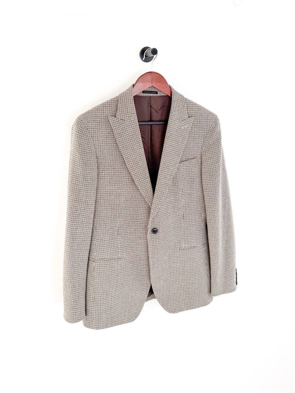 NEW Reiss Men's Plaid Cotton - Wool Houndstooth Blazer Beige Brown 38R Jacket - Picture 6 of 16